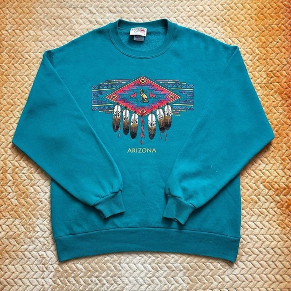Vintage 1990s Arizona Native American Feather Teal Graphic Men's Sweater L - Picture 3 of 6